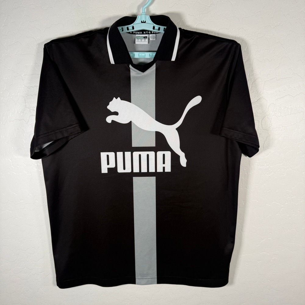 Puma Polo Shirt Jersey Mens Large Black Grey Stripe Logo Short Sleeve Soccer